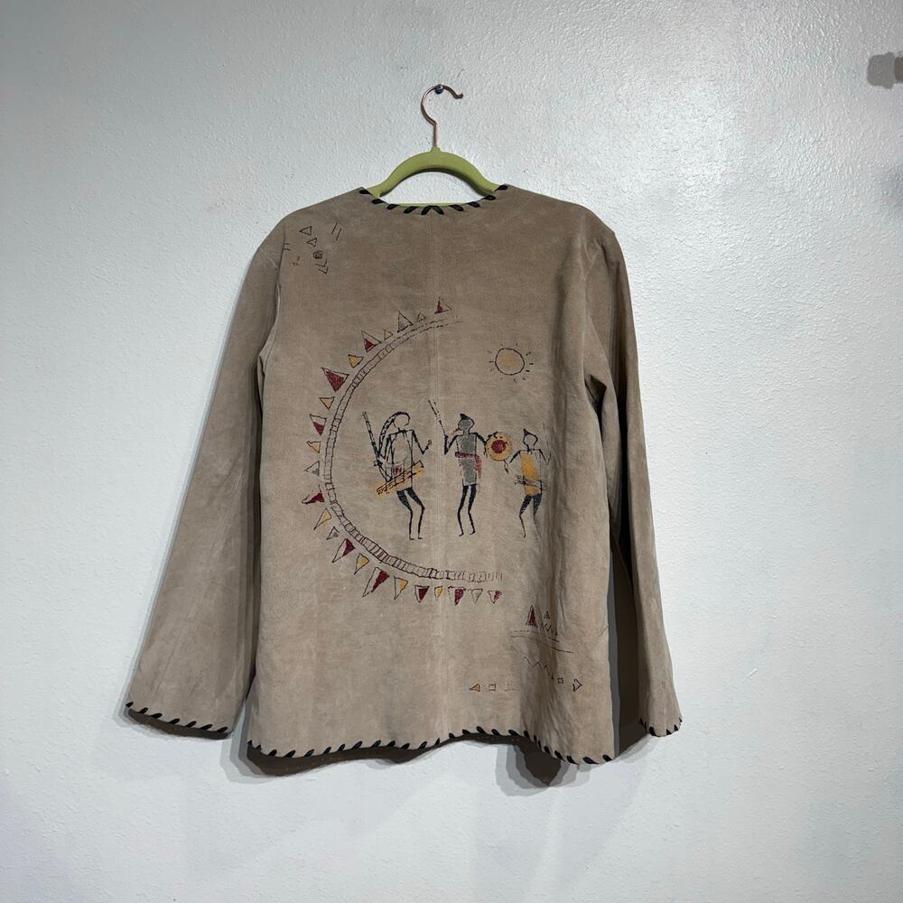 Chico's Tan Genuine Suede Leather Vintage Native Tribal Jacket Sz 2 - Picture 11 of 15